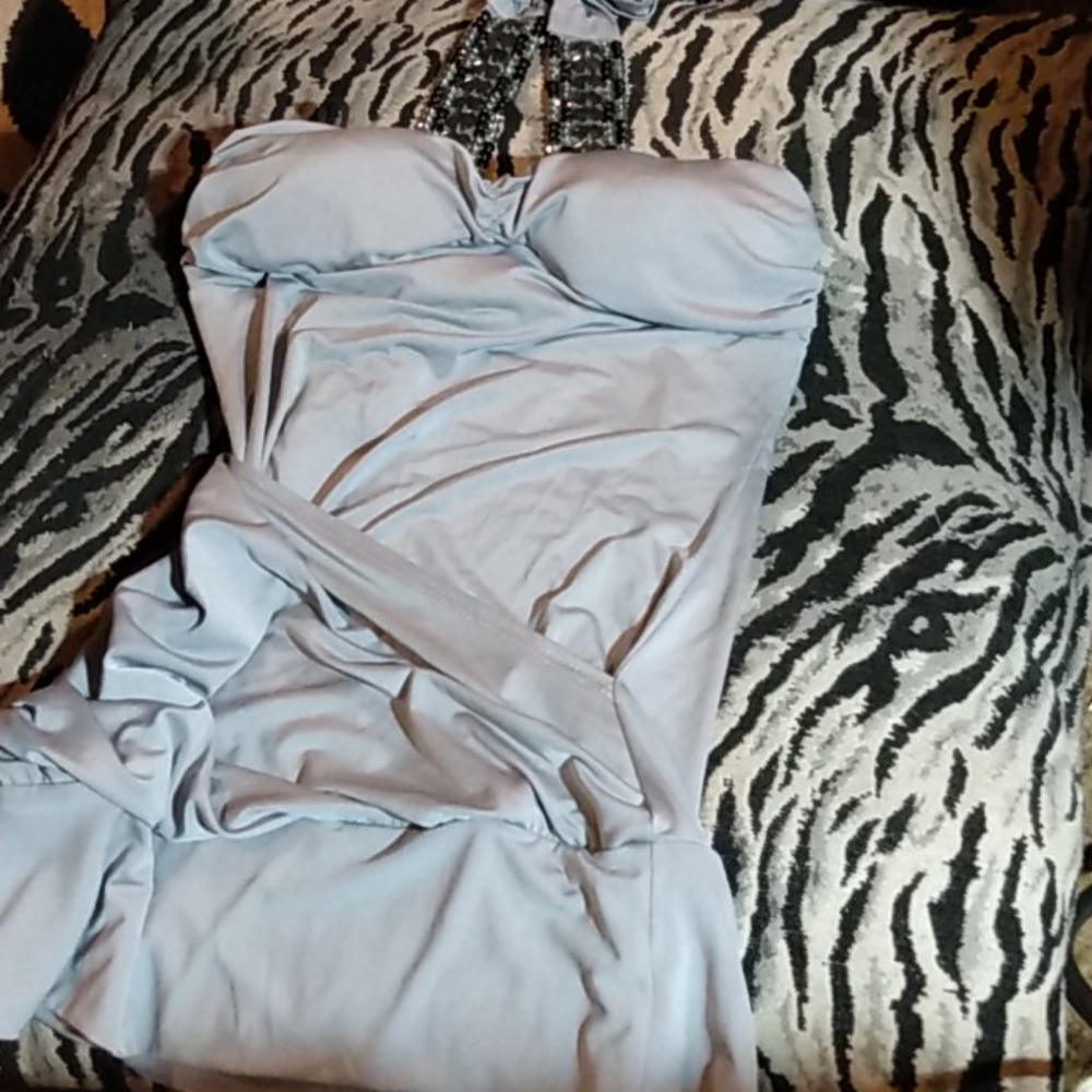 Taboo grey silky knotted beaded halter top